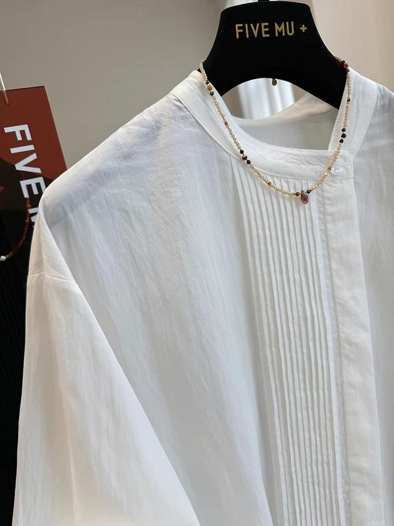 Elegante Blusa de Mujer con Cuello Redondo Plisado y Mangas Largas - Top Chic Francés Primavera 2026
