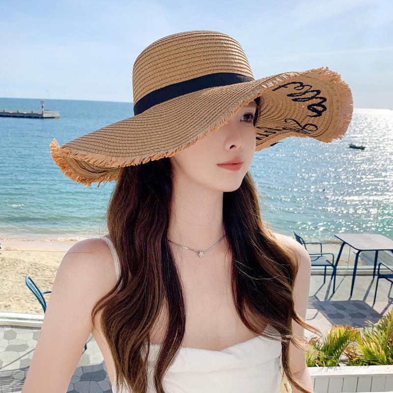 Bowknot Strap Decor Sun Hat Simple Letter Wide Brim Straw Hats Summer Sunshade Beach Hats Suitable for Travel, Seaside Vacation