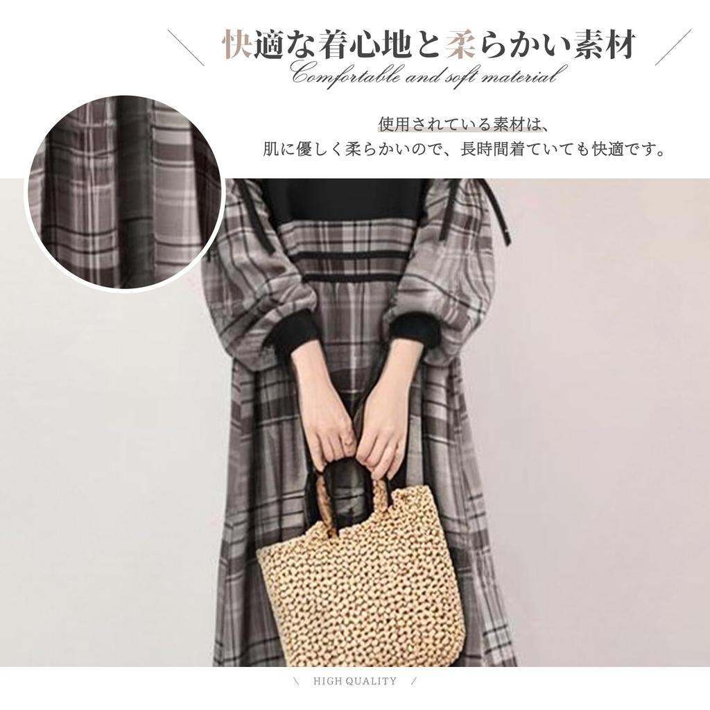 Lightweight Maxi Dress with Crew Checkered Oversized Long Balloon Suitable for Spring and Travel [H2four] Women's A-Line Neck, Pattern, Fit, Sleeves,