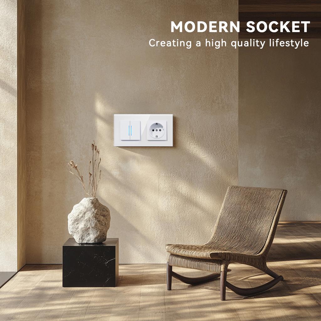 BSEED 1/2Gang Mechanical Light Switches 2way Pass Through Switch With EU Socket USB Type-c LED Indicator Glass Frames E Series