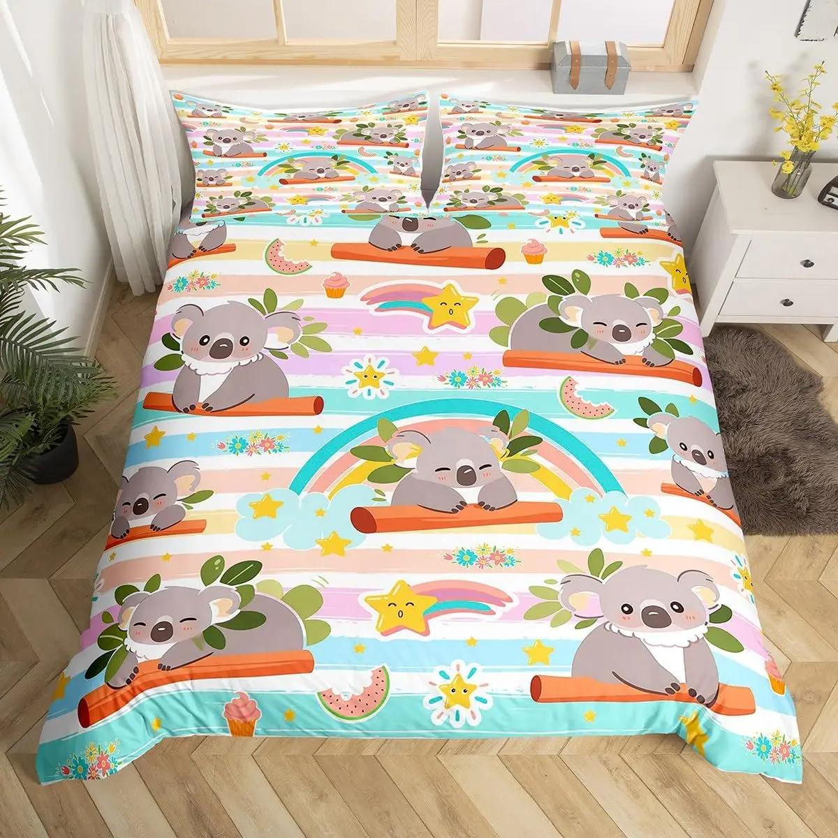 Jolie Parure de Couette Koala Dessin Animé Blossom Botanique Housse de Couette Florale Kawaii Animal Sauvage Koala Ensemble de Literie Taille Jumeau Reine EU Single(135x200cm)