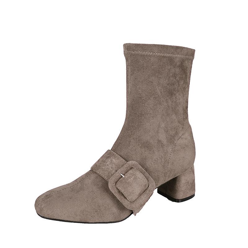 Women's Ladies High Heel Flock Mixed Color  Short Boots Footwear Shoes Leather Boots Women with Heel Fvg56