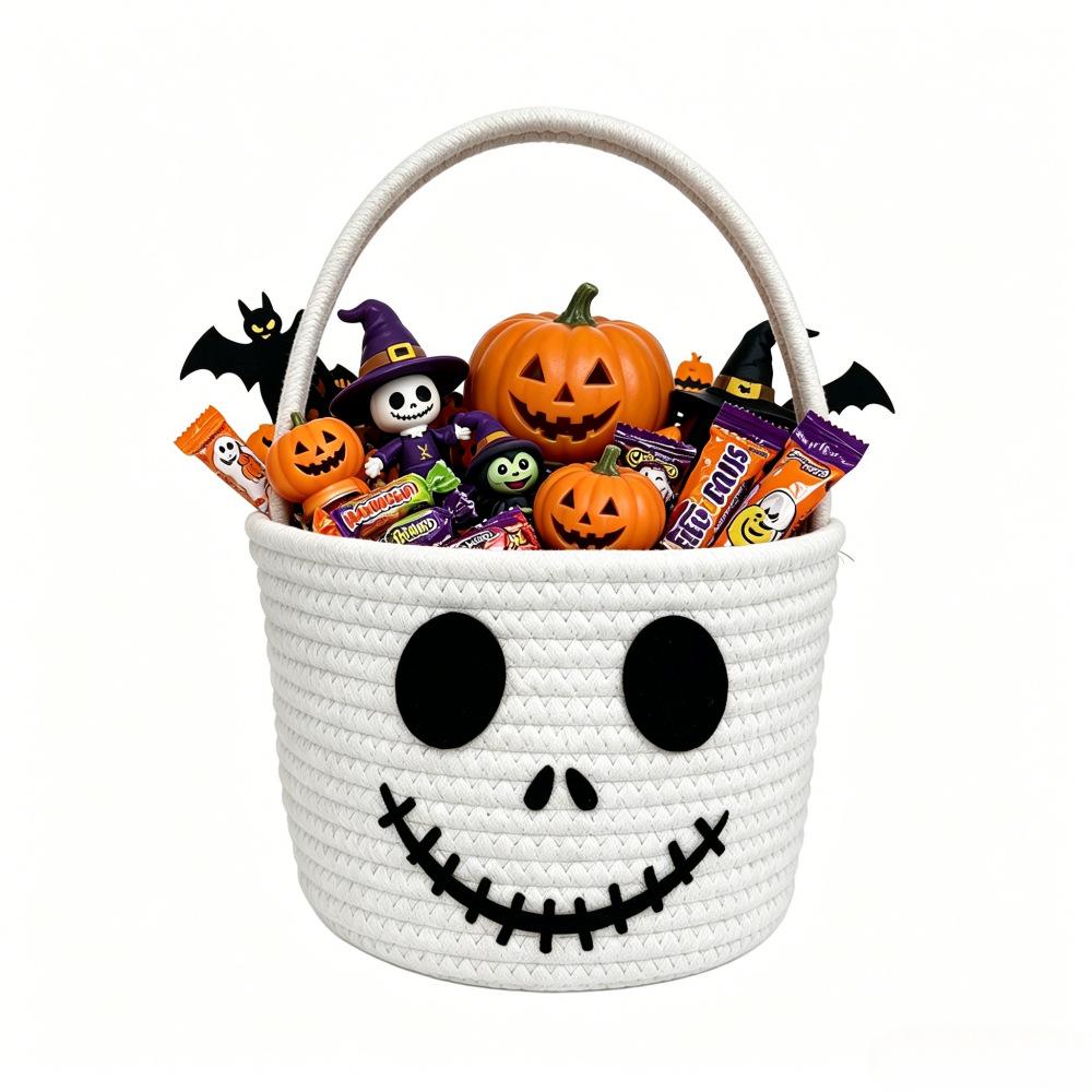 Children's Halloween Cotton Rope Pumpkin Basket - Decorative Handheld Woven Candy & Snack Storage