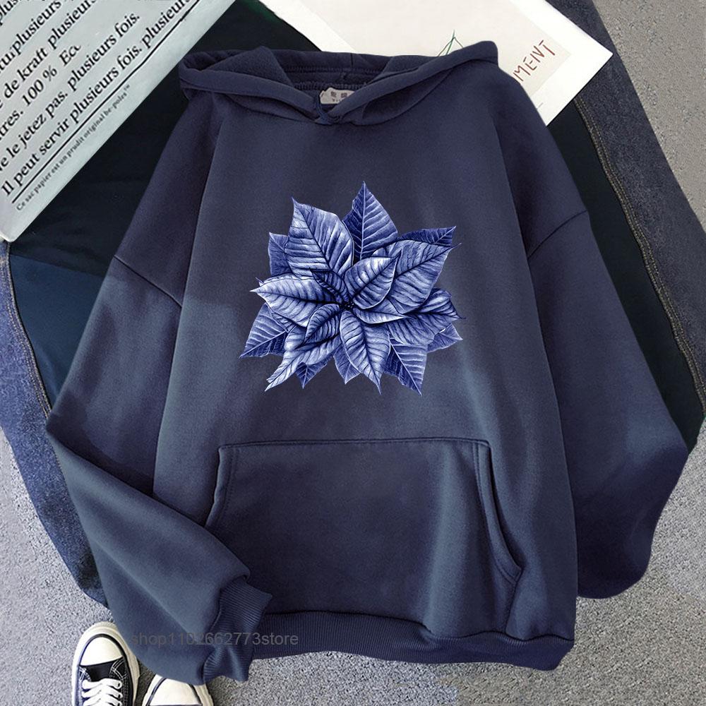Blue and White Christmas Hoodie Chinoiserie Leaf Print Sweatshirt Aesthetic Men Clothes Kpop Streetwear Women Clothing