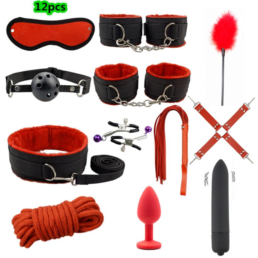 7/10/12/35pcs BDSM Bondage Restraint Kit Bullet Vibrator Handcuff Whip Mouth Gag Anal Bead Butt Plug Adult Game