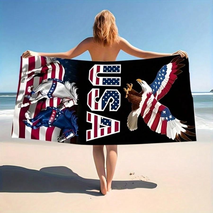1PC Independence USA Patriotic Eagle Horse Beach Towel, Polyester Quick Dry Lightweight Towel, Soft Absorbent Swim Towel