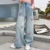Teen Girls Denim Pants Spring Autumn New Heart Print Hole Wide Leg Pants For Girls Stylish Trousers