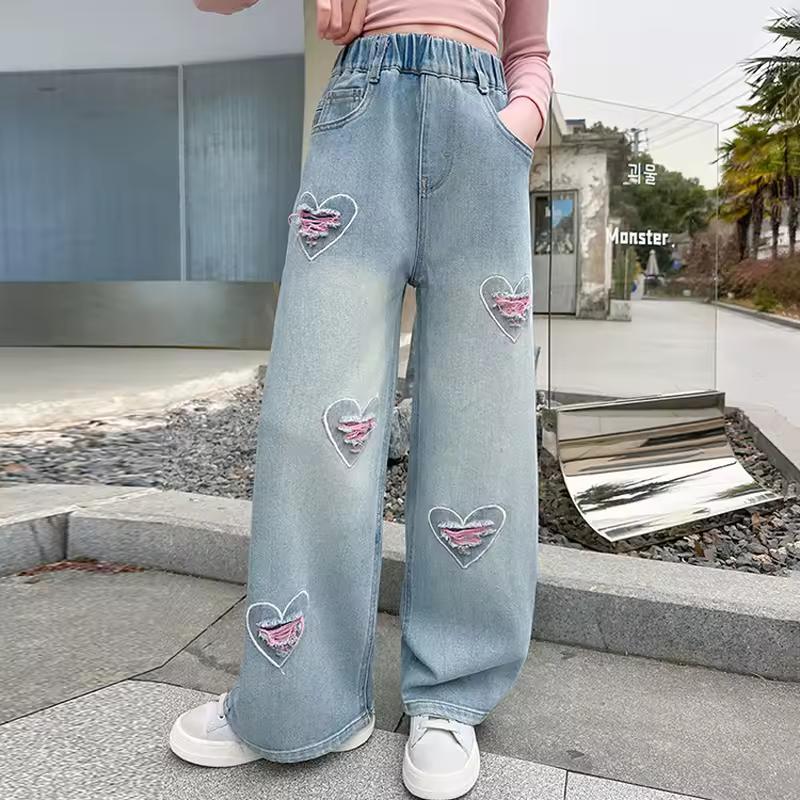 Teen Girls Denim Pants Spring Autumn New Heart Print Hole Wide Leg Pants For Girls Stylish Trousers