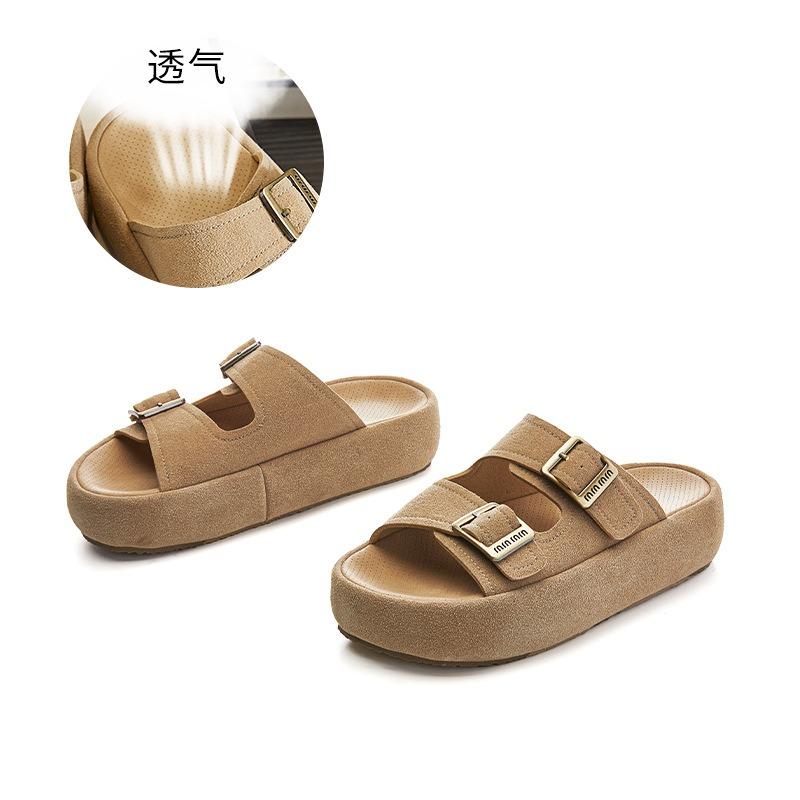 

New leather slippers fashionable summer casual versatile flat bottom half drag women s premium beach slippers 40 абрикосовый