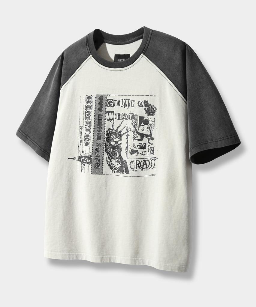 Dimiteulibeullaeg Raglan Color Block Pigment Artwork Short Sleeve T-Shirt_Cream & Black