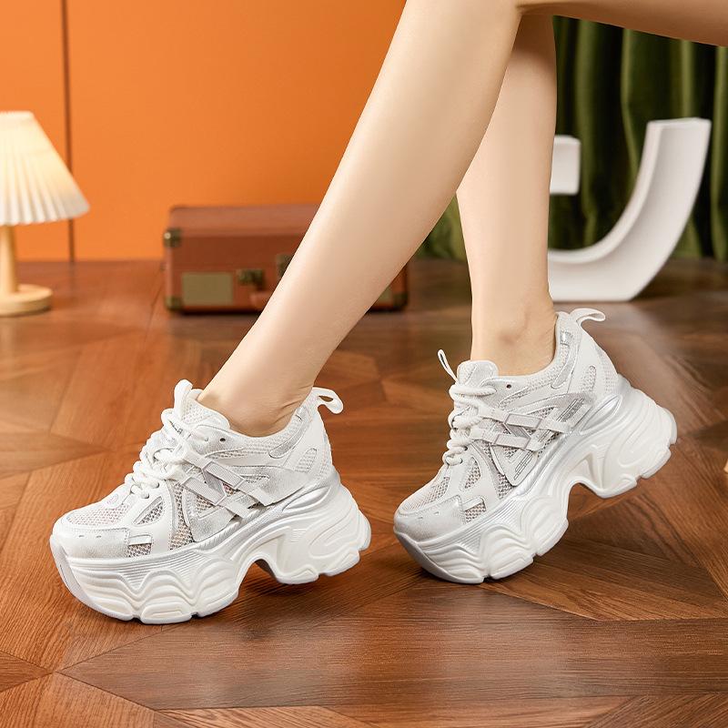 Women's Dad Shoes Summer New Hollow out Breathable Mesh Sneakers 9.5CM Thick Heels Casual Sports Shoes Versatile Chunky Sneakers