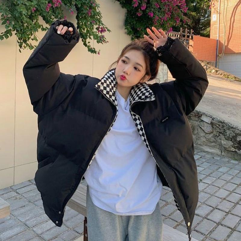 Winter Down Jacket Women Zipper Loose Padded Coat Thickening Warm Puffer Parkas Jackets Black White