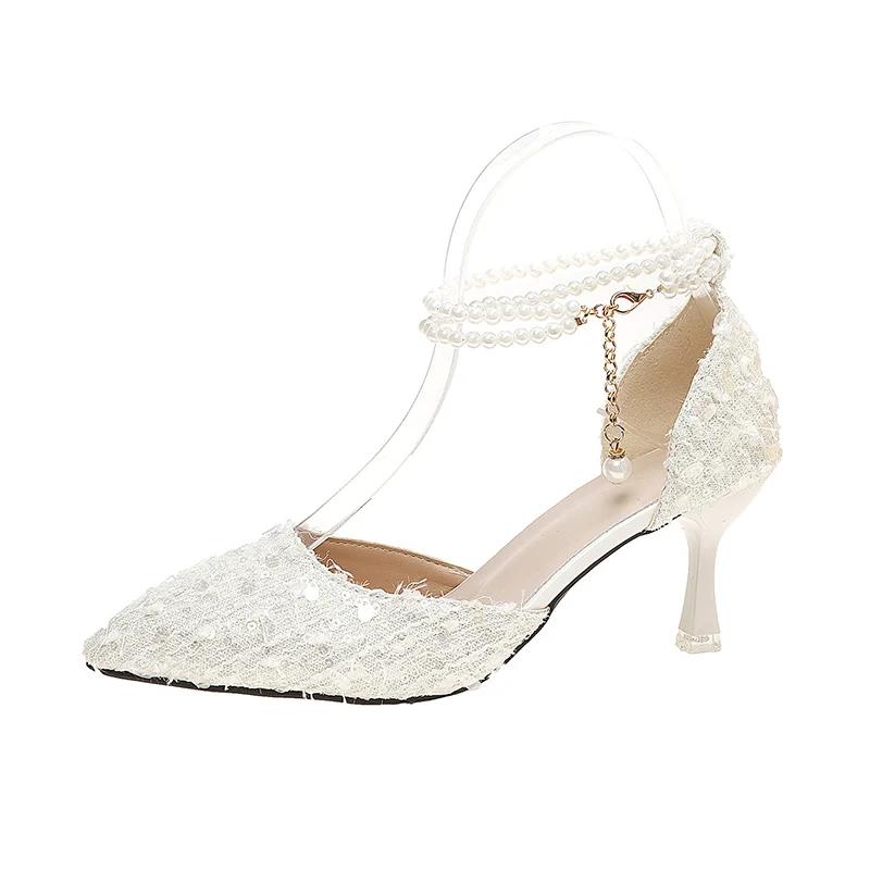 Fashion Elegant Ladies Pearls Ankle Strap Pumps Autumn 2025 Pointed Toe White Glitter High Heels Shoes Woman Plus Size 42 Bridal Shoes