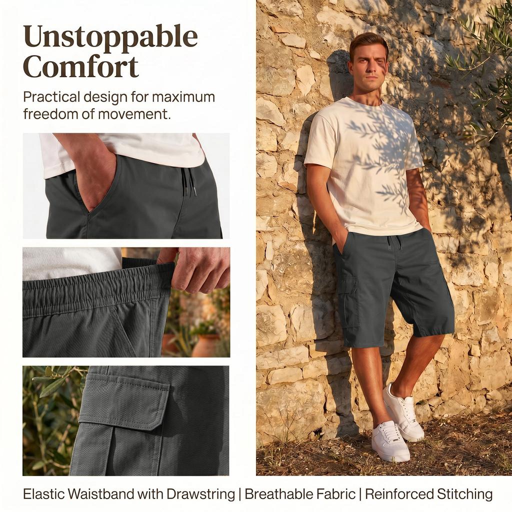 Men's Elastic Waist Cargo Shorts Adjustable Belt Multiple Pockets Casual Style Suitable for Hiking Worksite Summer Wear