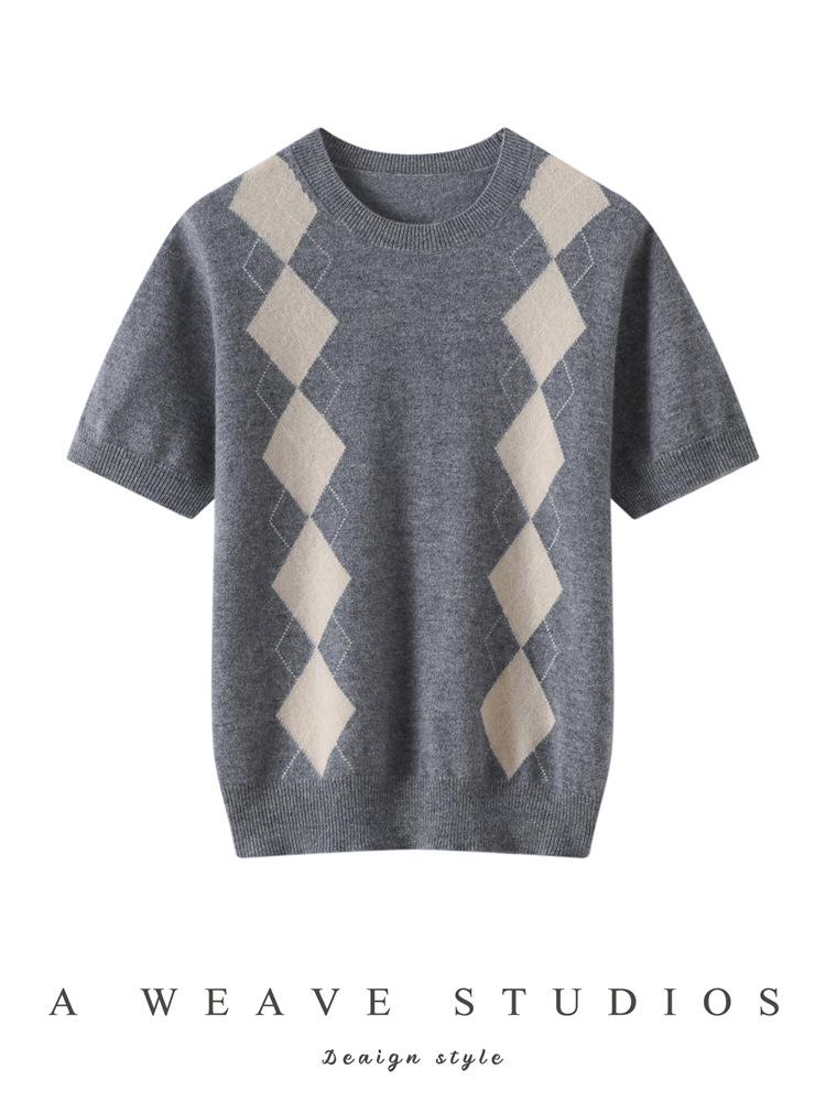 Pure Cashmere Color Block Knitwear with Diamond Pattern