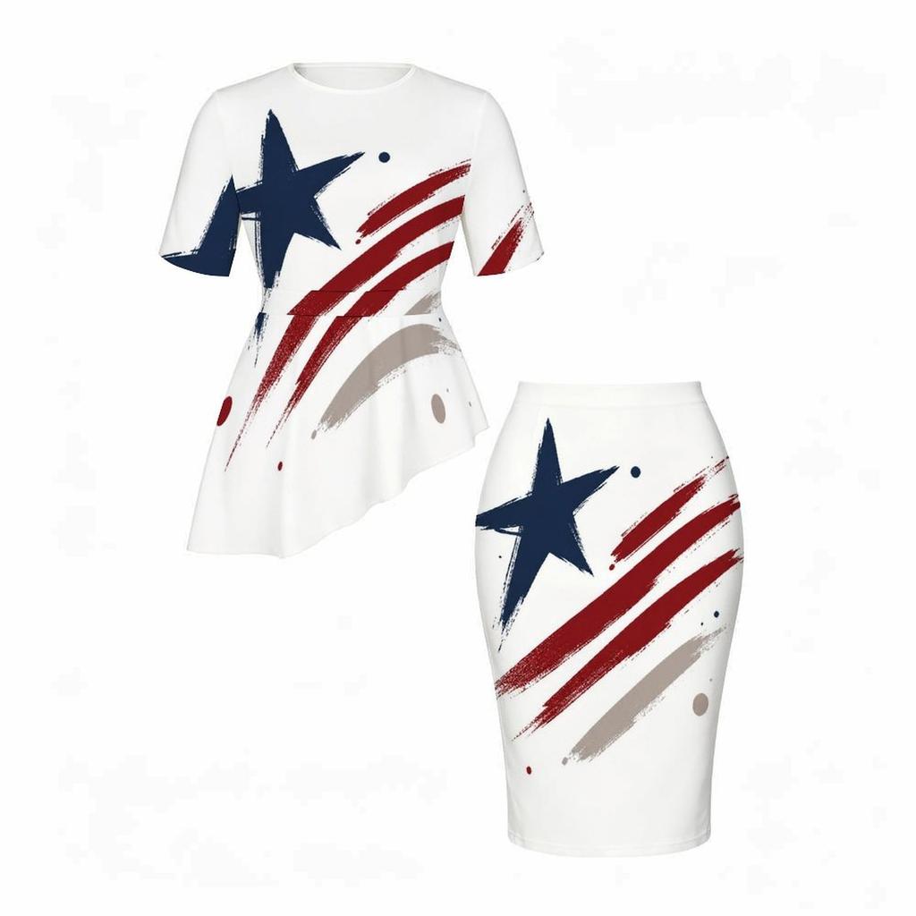 Women Plus Size Round Neck Short Sleeve Printed Asymmetric Top And Fitted Skirt Two Piece Set