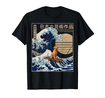 Golden Retriever Surfing Big Wave Kanagawa Japanese T-Shirt