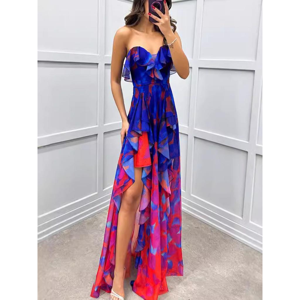 Nuovo Vestito da Donna a Rete Senza Spalline Stampato, Stile Europeo Americano Moda Casual Vestito da Festa per Donne INS Trendy