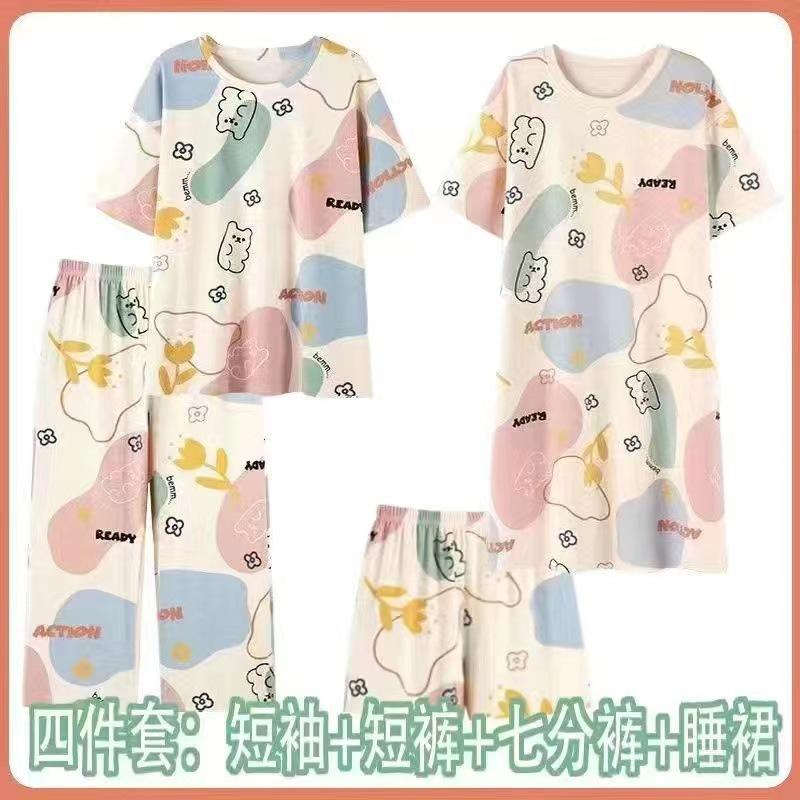 Pajamas women's summer round neck short-sleeved nightgown summer loose cropped pants loungewear set