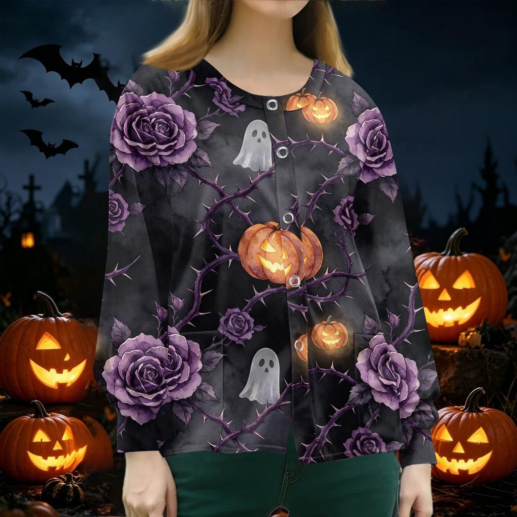 Women's Halloween Print Scrub Long Sleeve Cardigan Button Down for Casual Daily Wear