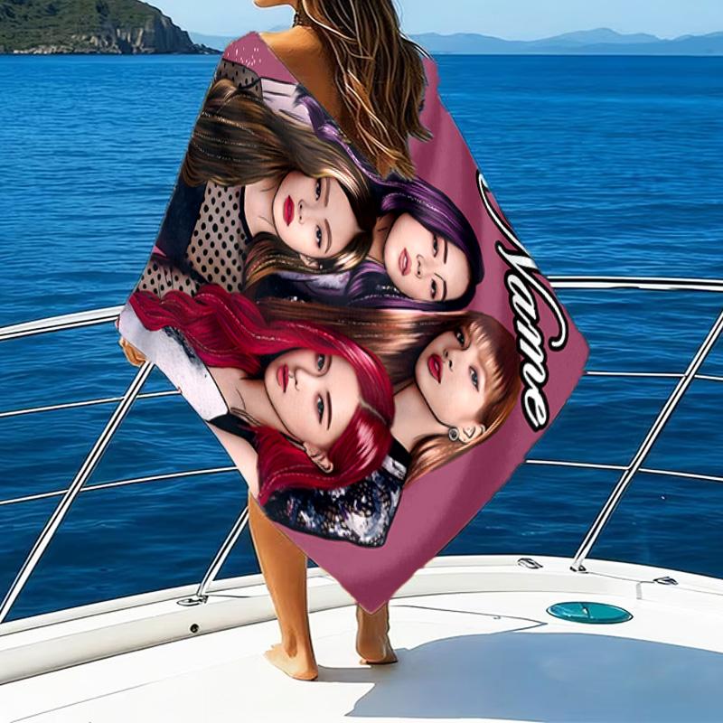 Custom Name Kpop Group Portrait Microfiber Beach Towel Super Soft & Absorbent for Bath, Beach, Travel Bath Time Accessory, Fan gifts