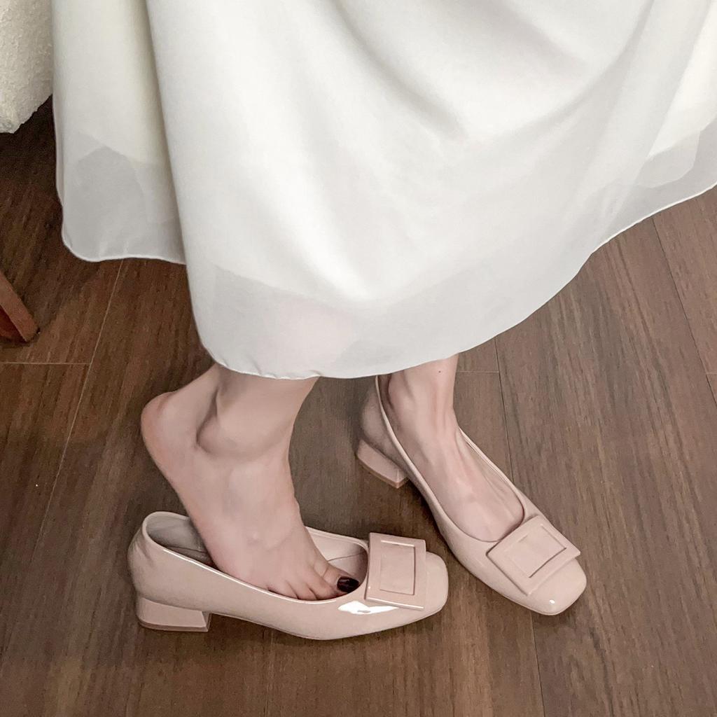 Classic square buckle thick heel gentle square head elegant temperament nude single shoes women's summer