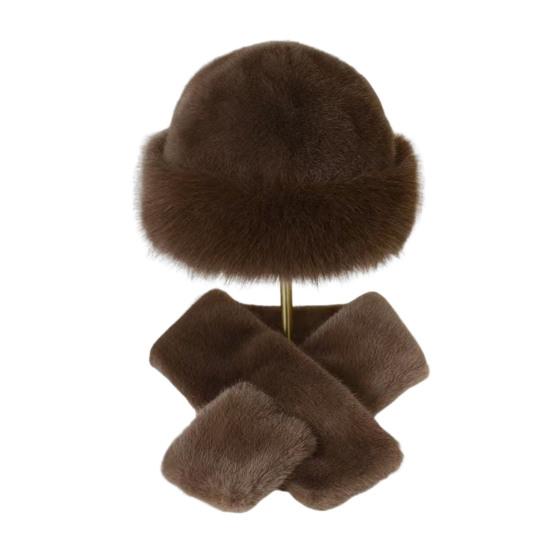 Winter Fuzzy Hat Scarf Set for Women Faux Fur Collar Wrap Scarf Thickened Plush Warm Cap for Cold Weather