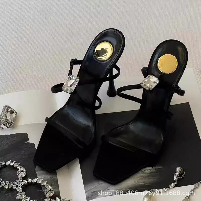 [Spot] New Open-toed Square Head Rhinestone Silk Cross One-word Buckle Sandals Female Sexy Temperament Stiletto