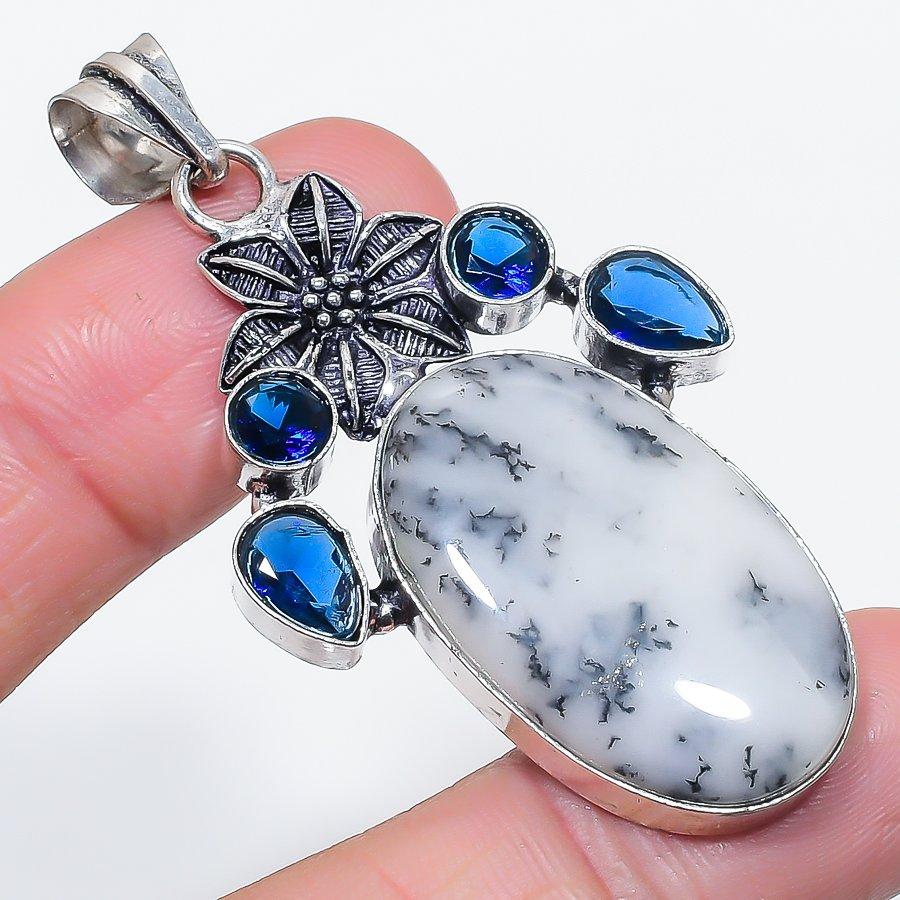 Natural Dendrite Opal, Topaz 925 Sterling Silver Jewelry Pendant 2.40" F6c79