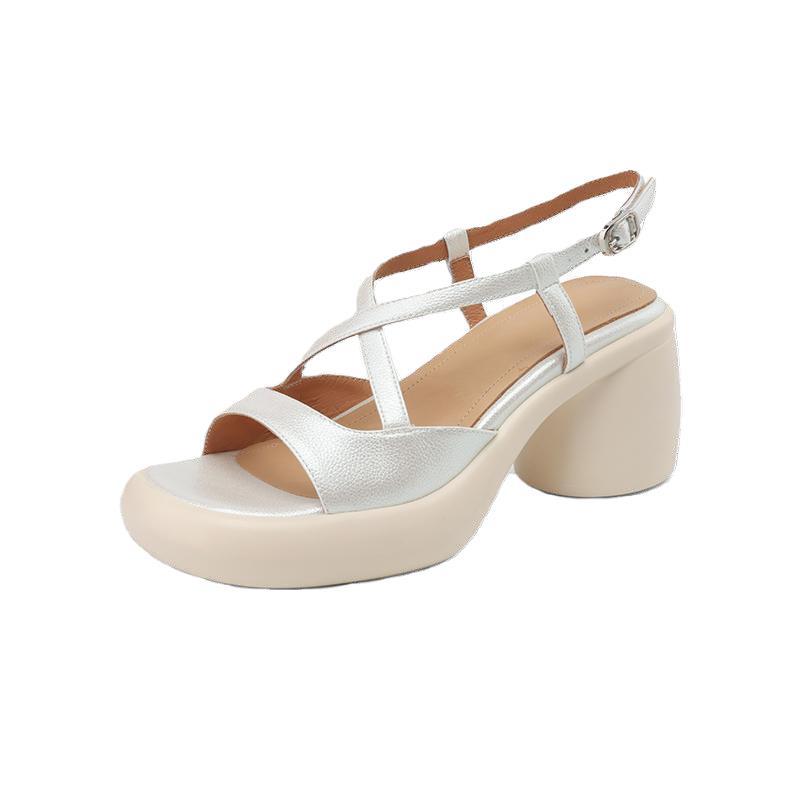 Huge Exquisite~ Huge Easy To Wear~ High-End Pearlescent Thick Heels High Heels Fashionable Cross-Strap Open-Toed Women'S Sandals
