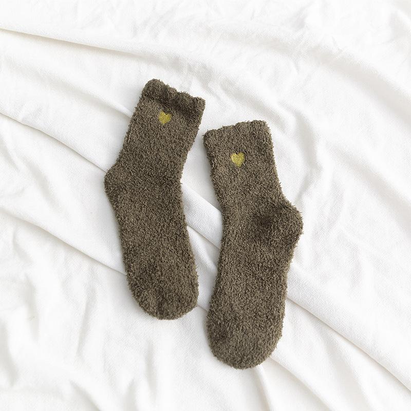 Home Indoor Cozy Floor Socks Winter Warm Soft Coral Fleece Socks Cute Heart Embroidery Thick Socks Fluffy Terry Short Sox Female