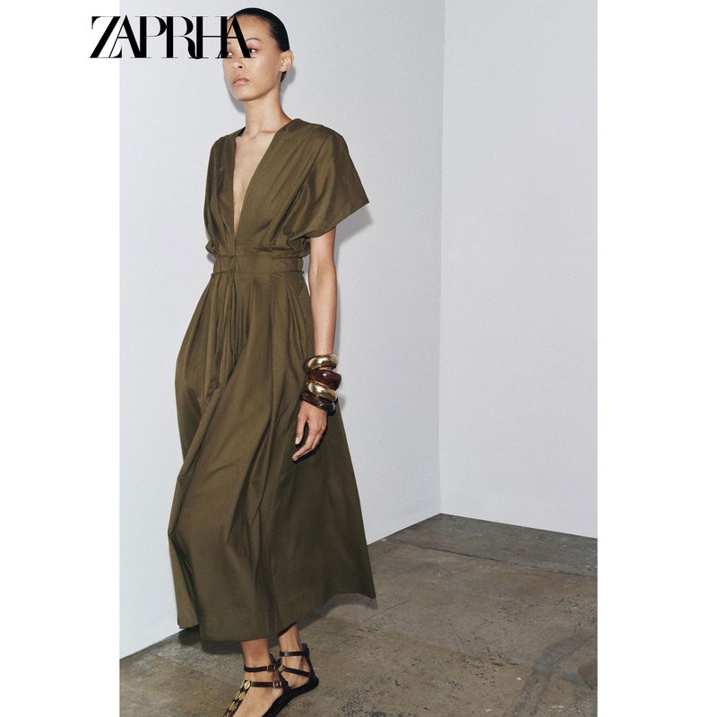 Zaprha 2025 Summer New Fashion Pleated V-neck Drop Shoulder Short Sleeve Waist Hugging Midi Dress 2965260