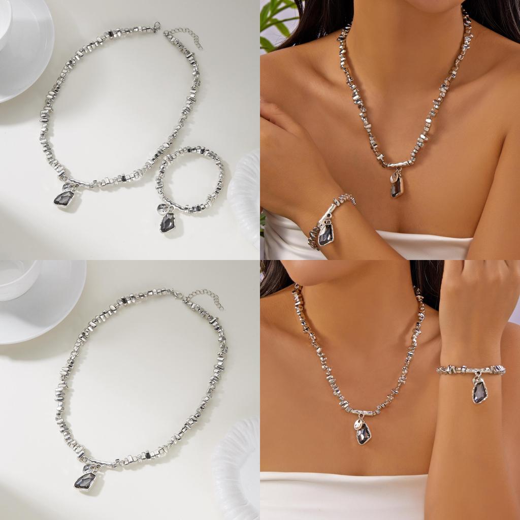 Cold Minimalist Titanium Finish Geometric Jewelry Set With Pendant And Chain For Ladies