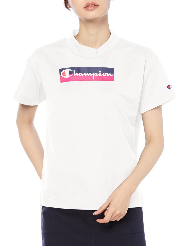 Champion Short Sleeve UV Script Mock Size M CW-VG306 Women's Shirt, Quick-Drying, Antibacterial, Odor-Resistant, Protection, Print, Neck, Golf, White,