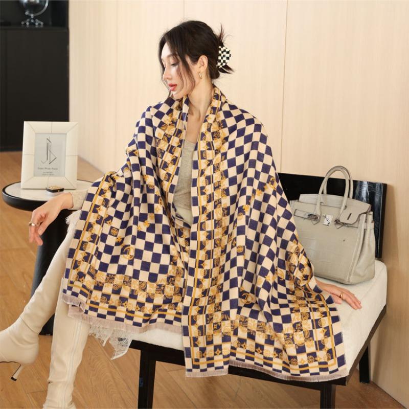 Autumn and Winter New Checkerboard Jacquard Scarf High-end Imitation Cashmere Versatile Shawl Women's Thickened Warm Scarf Dual-purpose