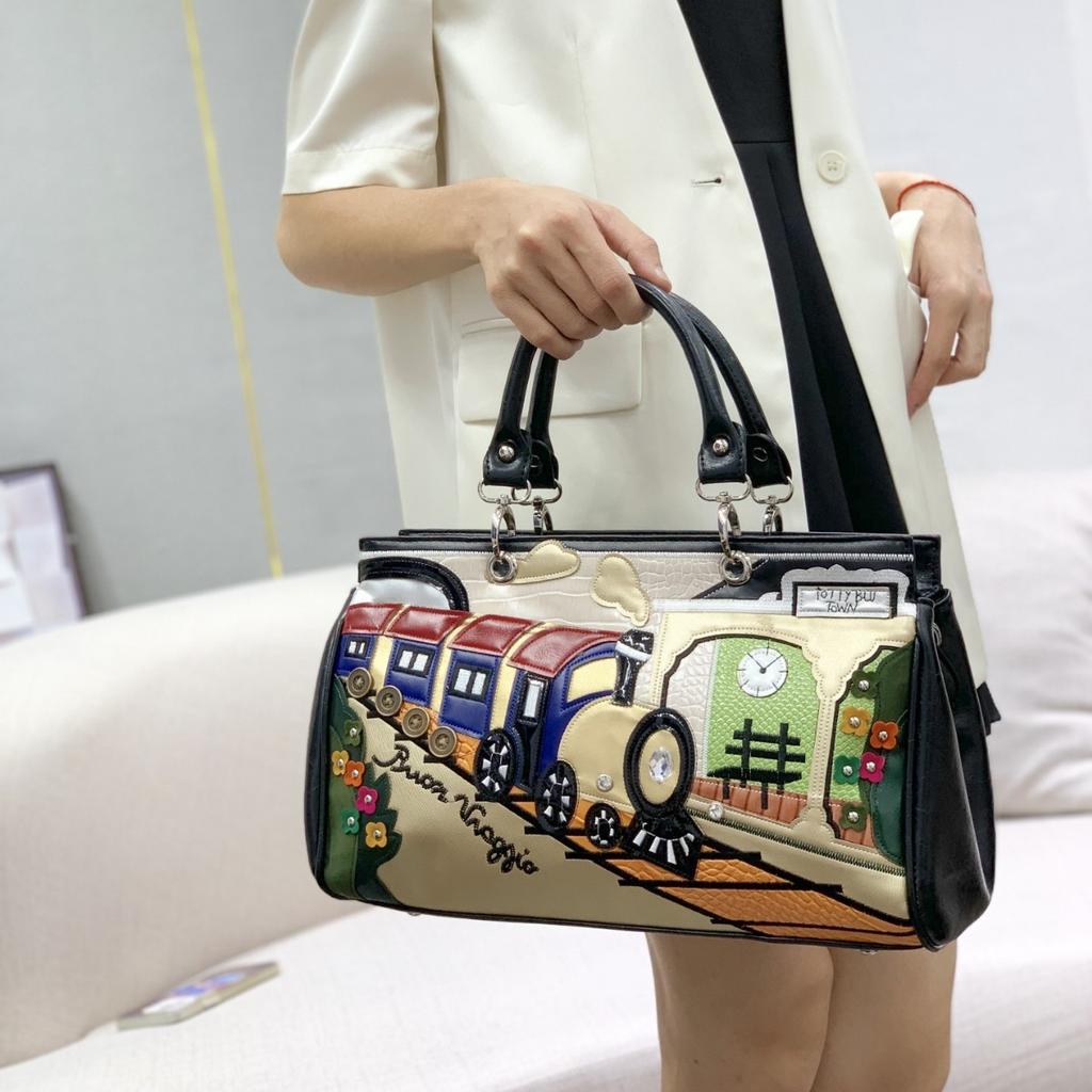 Tasche Damen Spleißkontrastfarbe Retro Handtasche Handgefertigt Kreativ Schulter Umhängetasche