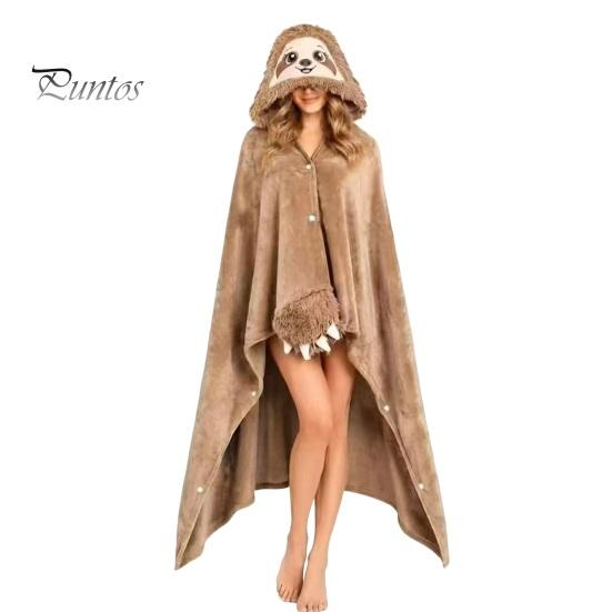 Comfortable Loungewear for Women Halloween Wearable Blanket Hoodie, Cozy Hooded Highland Cow Cape, Soft Festive Winter Throw Plush Sloth Black
