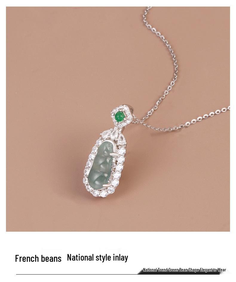 925 Sterling Silver Jade Green Four Seasons Bean Pendant Necklace for Women - Ethnic, Versatile, Fashionable, Diamond-Inlaid Ancient Style