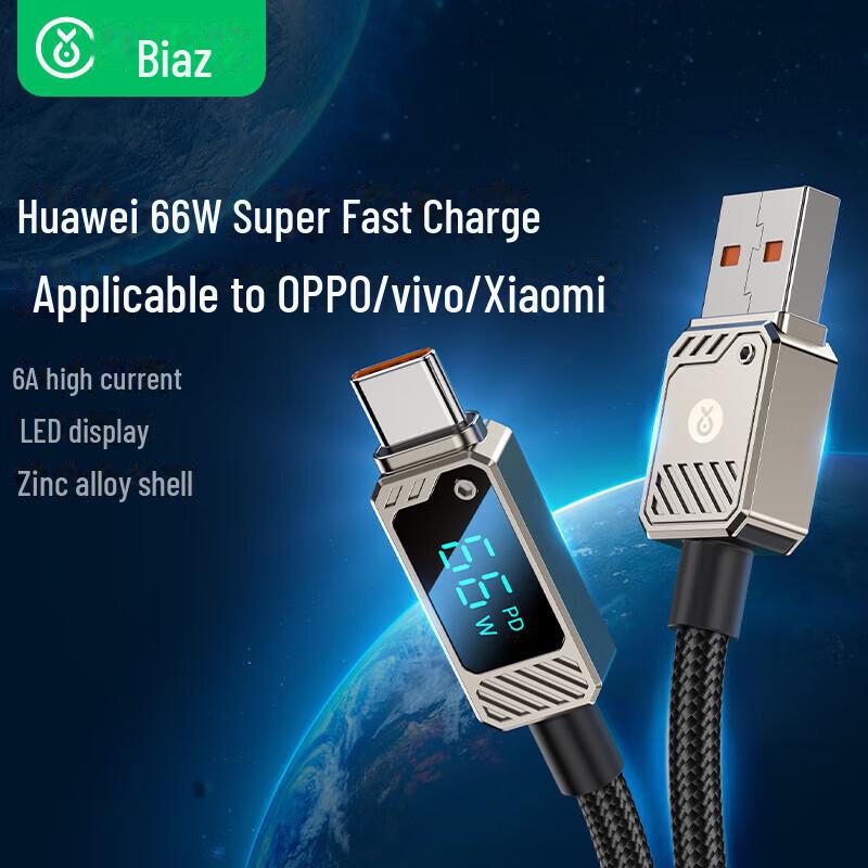 

Biaz 66W USB-C Fast Charging Cable with Digital Display, 6A for Android Phones & Laptops K119-AC-1.5m