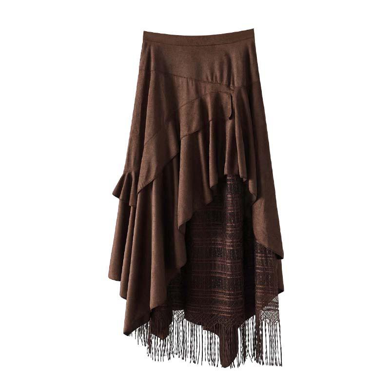 Women's High Waist Lace Patchwork Suede Midi Skirt, 2025 Autumn/Winter