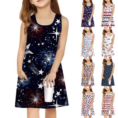 Girl Summer Dress Sleeveless Printed Color Casual Dress With Pocket