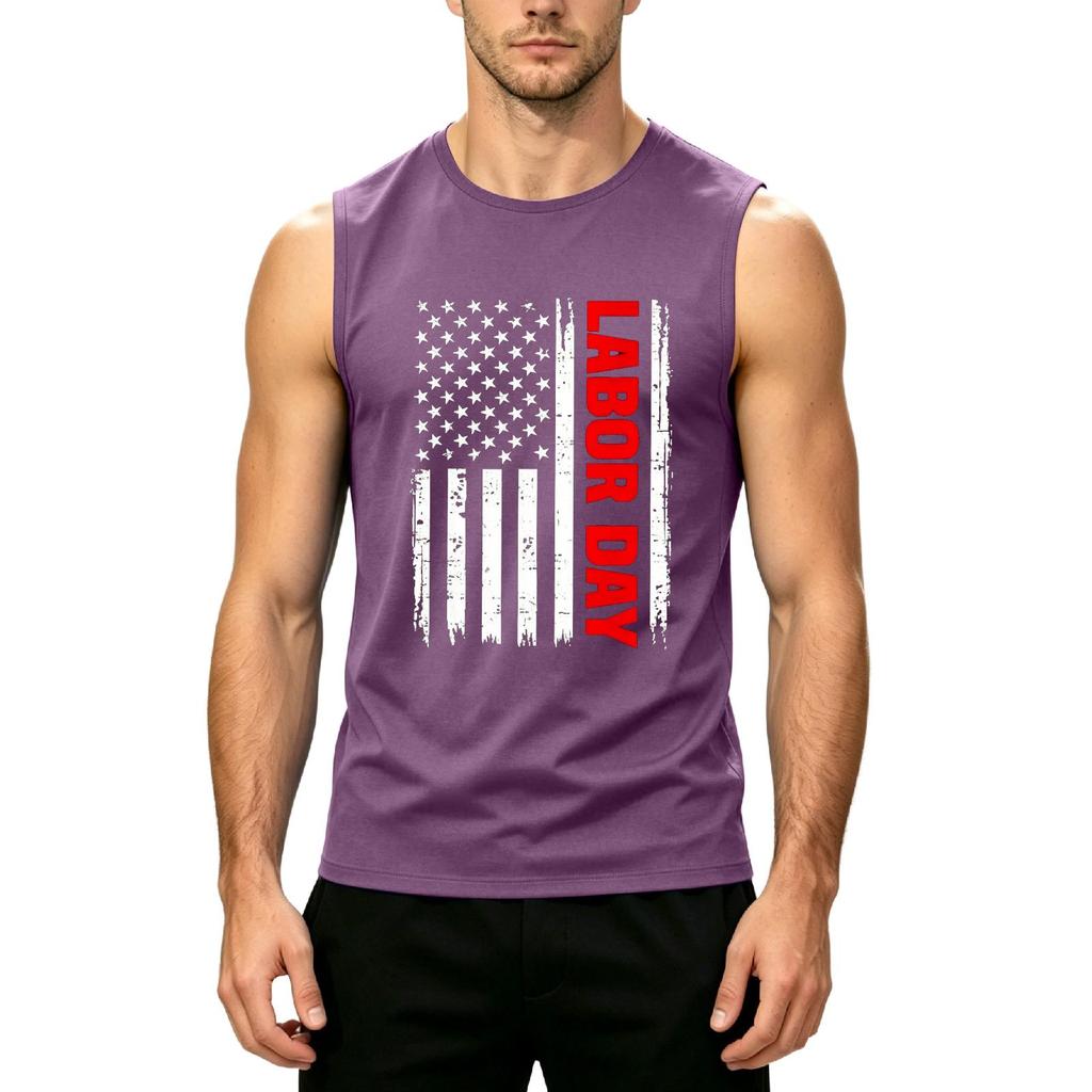 Men's Sleeveless Casual Tank Top with Printed American Flag and Labor Day Text Comfortable Fit for Summer Outdoor Activities