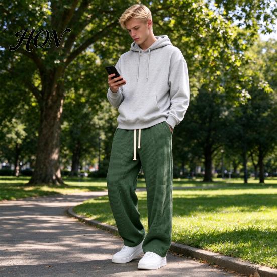 Versatile Outdoor Activewear Men Waffle Baggy Trousers, Wide Leg Drawstring Waist Slacks, Loose Fit Relaxed Travel Pants Casual Sweatpants with