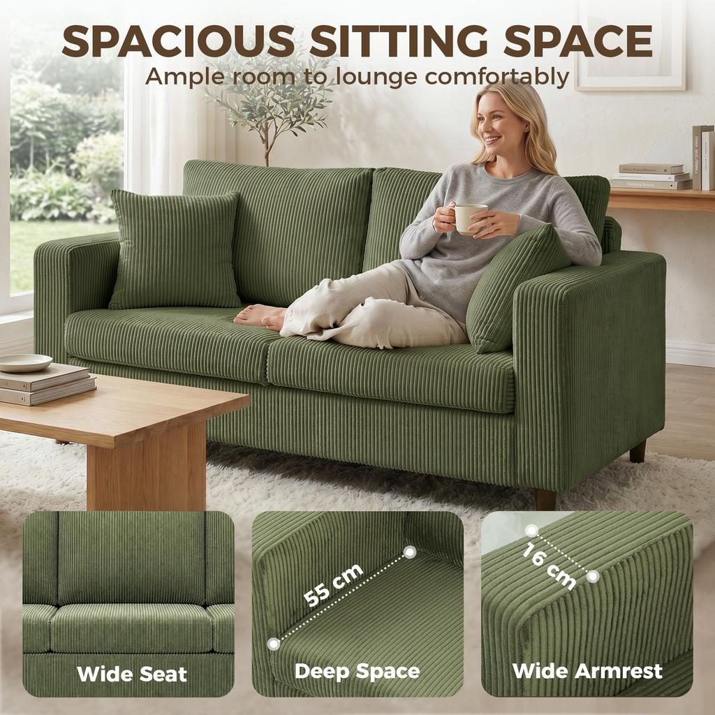 Loveseat Sofa With Wide Seat Corduroy 2 Seater Couch With Deep Seat Spring Cushion Green