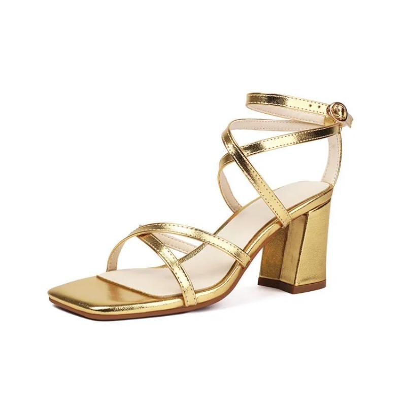 Fashion 2025Low Sandals  Leather Block Heels Female Shoe Square Toe Large Size Low-heeled Chunky Girls Gladiator Beige Fashion Big