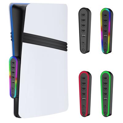 6 Ports USB Hub Charger Adapter Converter with RGB Light Expansion Hub Data Transfer Extender for PlayStation 5 Pro/Slim