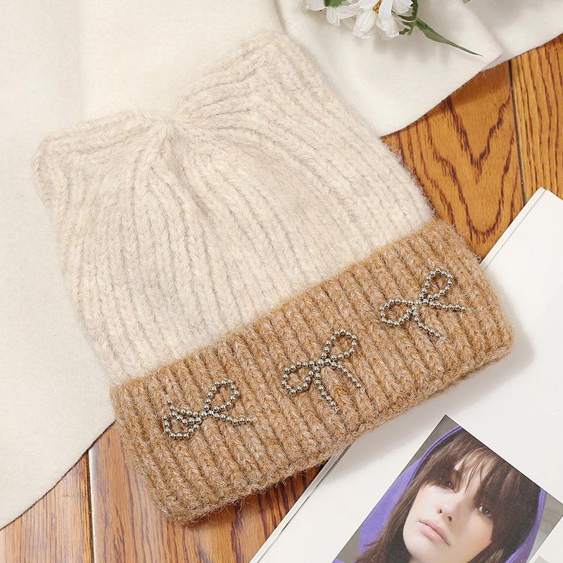 Autumn and Winter New Cute Cat Ears Bow Woolen Hat Versatile Women's Large Head Circumference Ear Protection Knitted Cold Hat