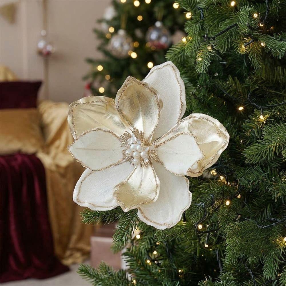 Realistic Artificial Christmas Poinsettia Flocking Glitter Christmas Flower Stem Home Decor