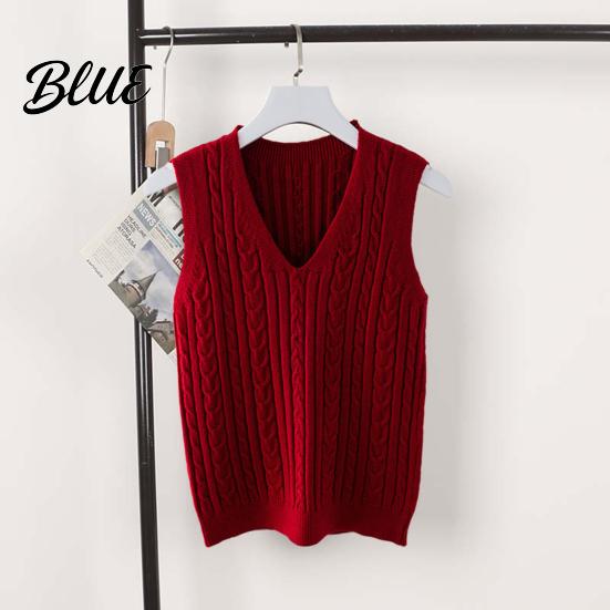 Solid Color V-neck Top Women Knitting Vest V-Neck Sleeveless Twist Texture Pullover Sweater Casual Daily Wear Layered Knit