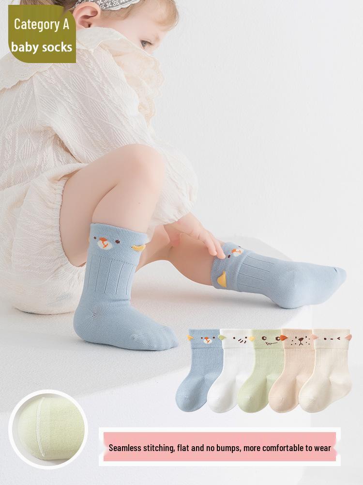 Spring & Summer Thin Combed Cotton Baby Socks, 0-1 Year, Cartoon 3D, Seamless Mid-Calf with Loose Cuff